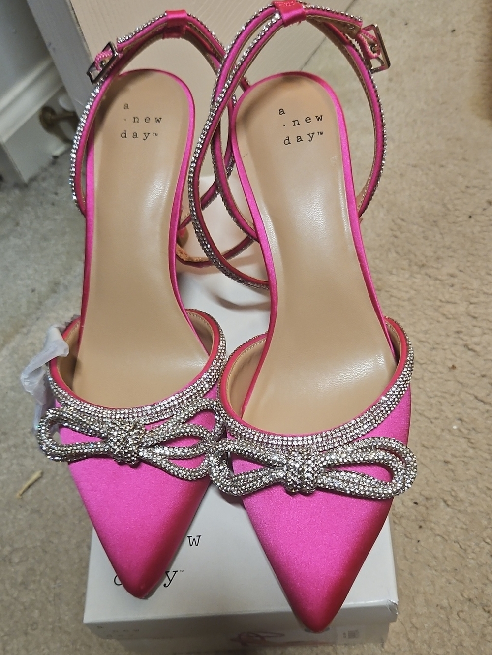 a new day Hot Pink Satin Pointed Toe Crystal Bow Slingbacks